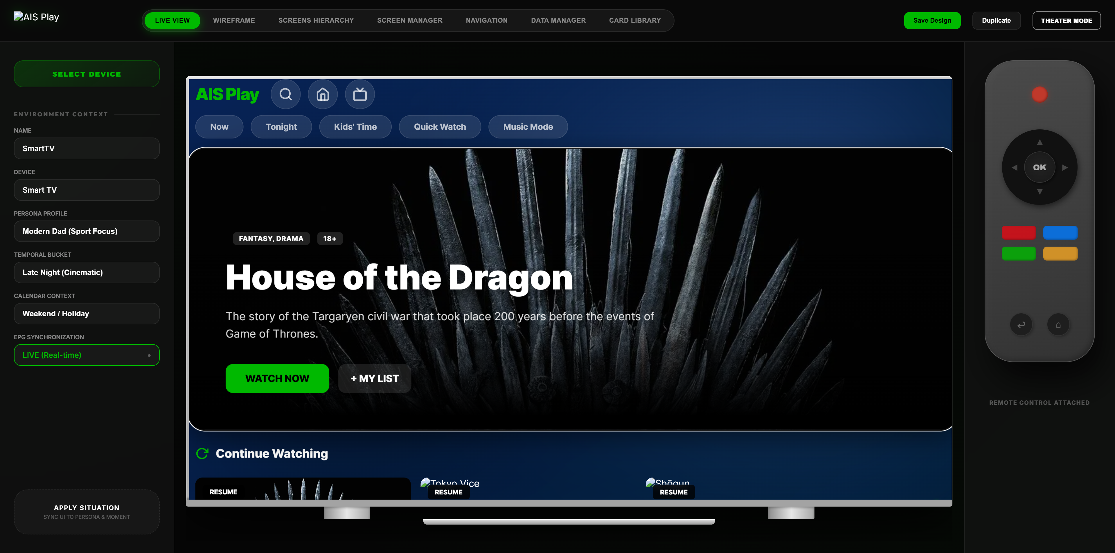 TV Studio interface showing a Smart TV design simulator